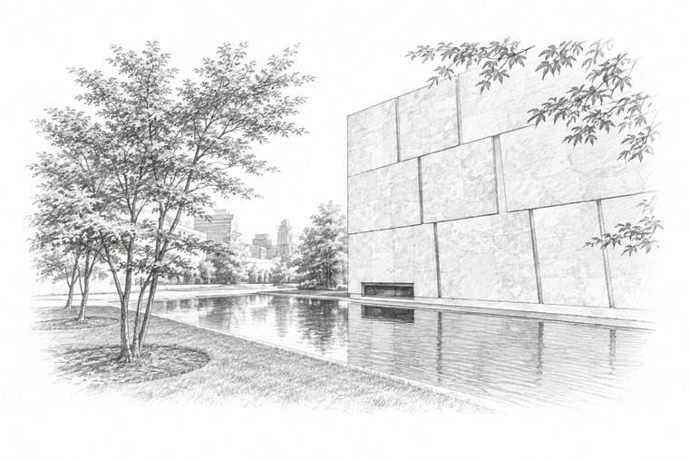 Black-and-white pencil sketch of the Barnes Foundation in Philadelphia.